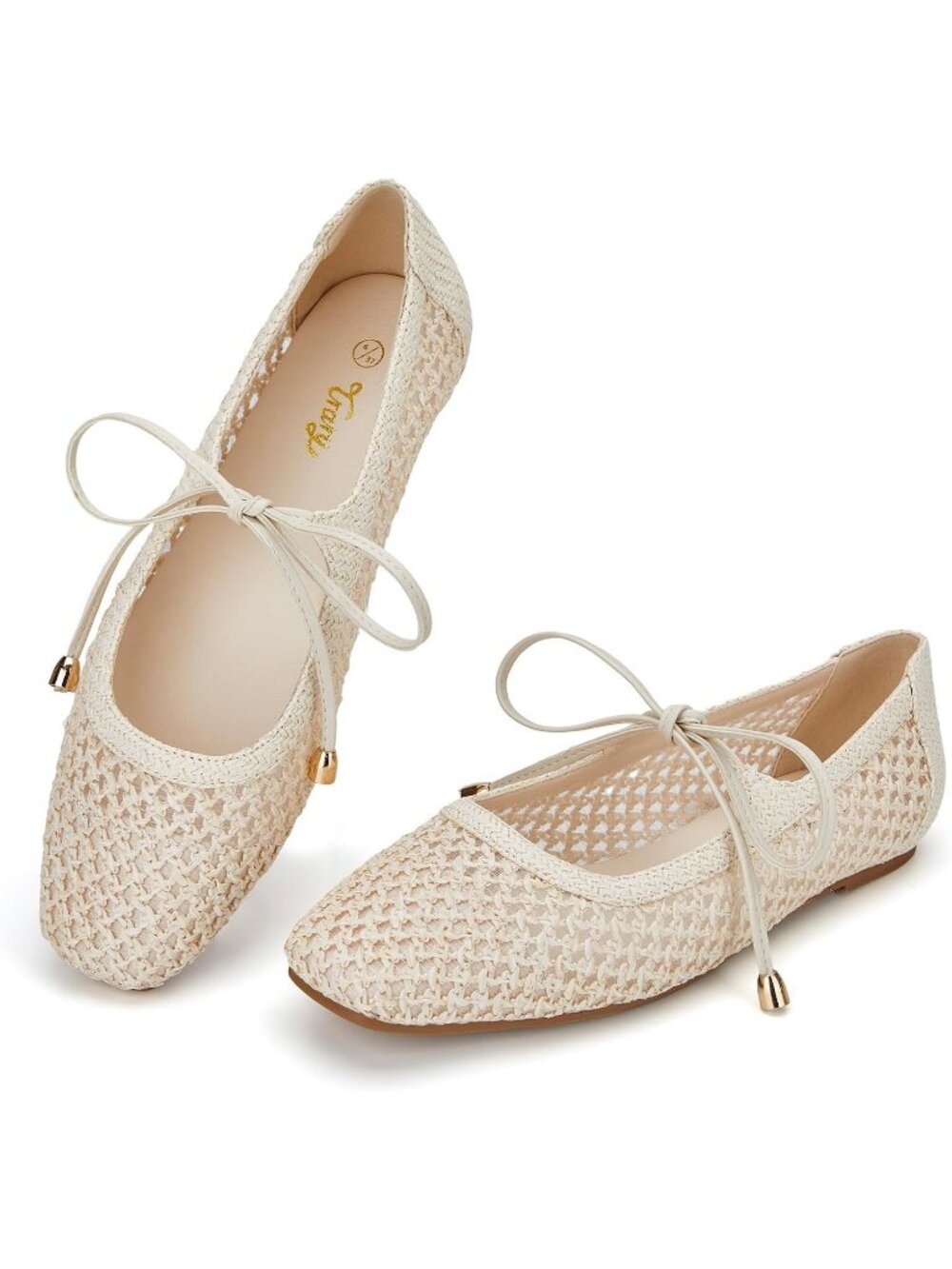 Women's White Rubber Woven Flats Square Toe Lace Up Ballet Breathable Shoes